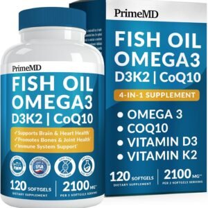 4-in-1 Fish Oil Omega 3 Fatty Supplements (2100mg) – Omega 3 Fish Oil with Vitamins D3 K2 and CoQ10 – Lemon Flavored (120 softgels)