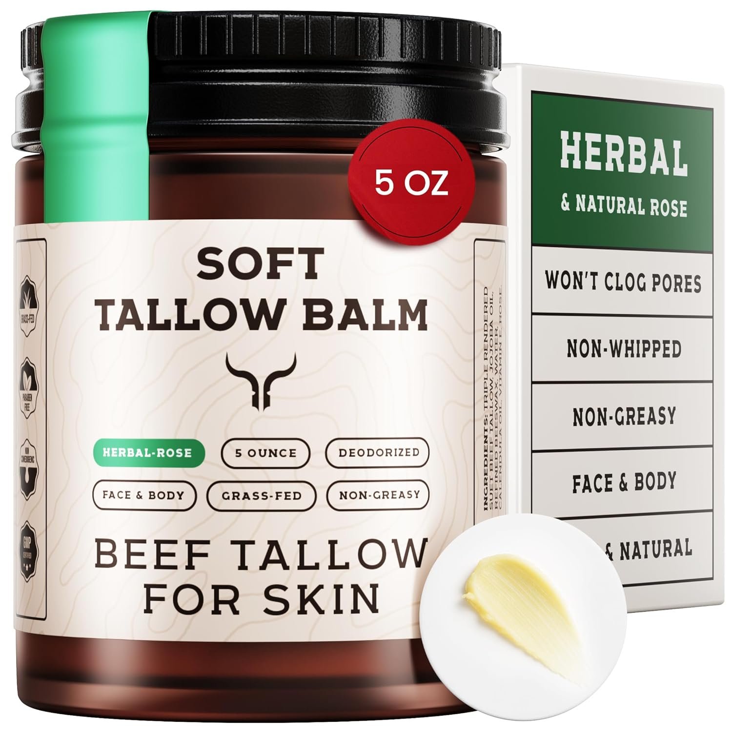 Ancestral Haven Beef Tallow for Skin - Tallow And Herbal Balm For Face - Gift Ready Box - Tallow Face Moisturizer - Tallow Balm - Grass Fed Tallow Face Cream Lotion (5.0 Oz, Herbal-Rose)
