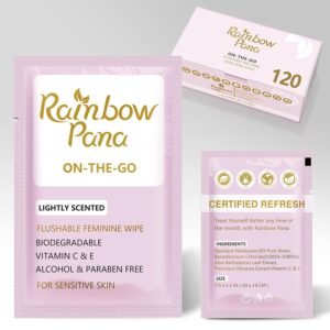 RainbowPana Feminine Wipes, 120 Count ON-THE-GO Individually Wrapped | Flushable Wipes, Travel Wipes for Women, Aloe, Portulaca, Vitamin E | pH Balanced