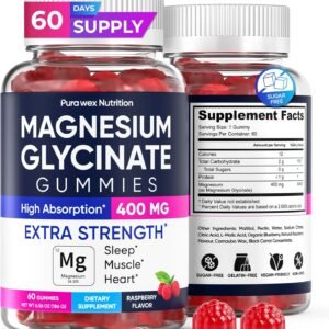 Magnesium Glycinate Gummies 400mg, High Absorption Magnesium Supplement for Women, Men and Kids, Muscle Support and Relaxation, Sugar Free, Vegan, 60 Days Supply