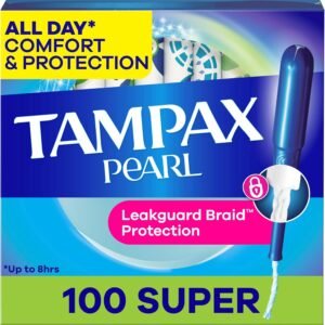 Tampax Pearl Tampons for Women, with LeakGuard Braid, Super Absorbency, Unscented, 100 Count (2 Packs of 50)