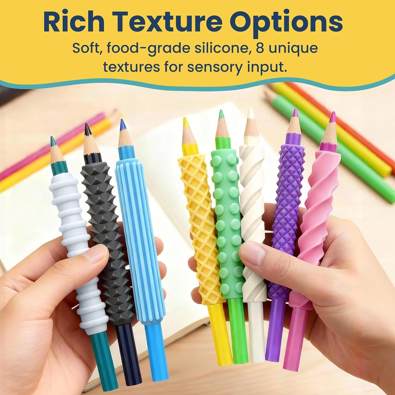 8-Pack Sensory Fidget Pencil Grips for Kids & Adults with ADHD, Autism & Arthritis – Textured Quiet Fidget Toys for Focus, Anxiety Relief & Handwriting Support at Classroom, Home or Work - Image 3