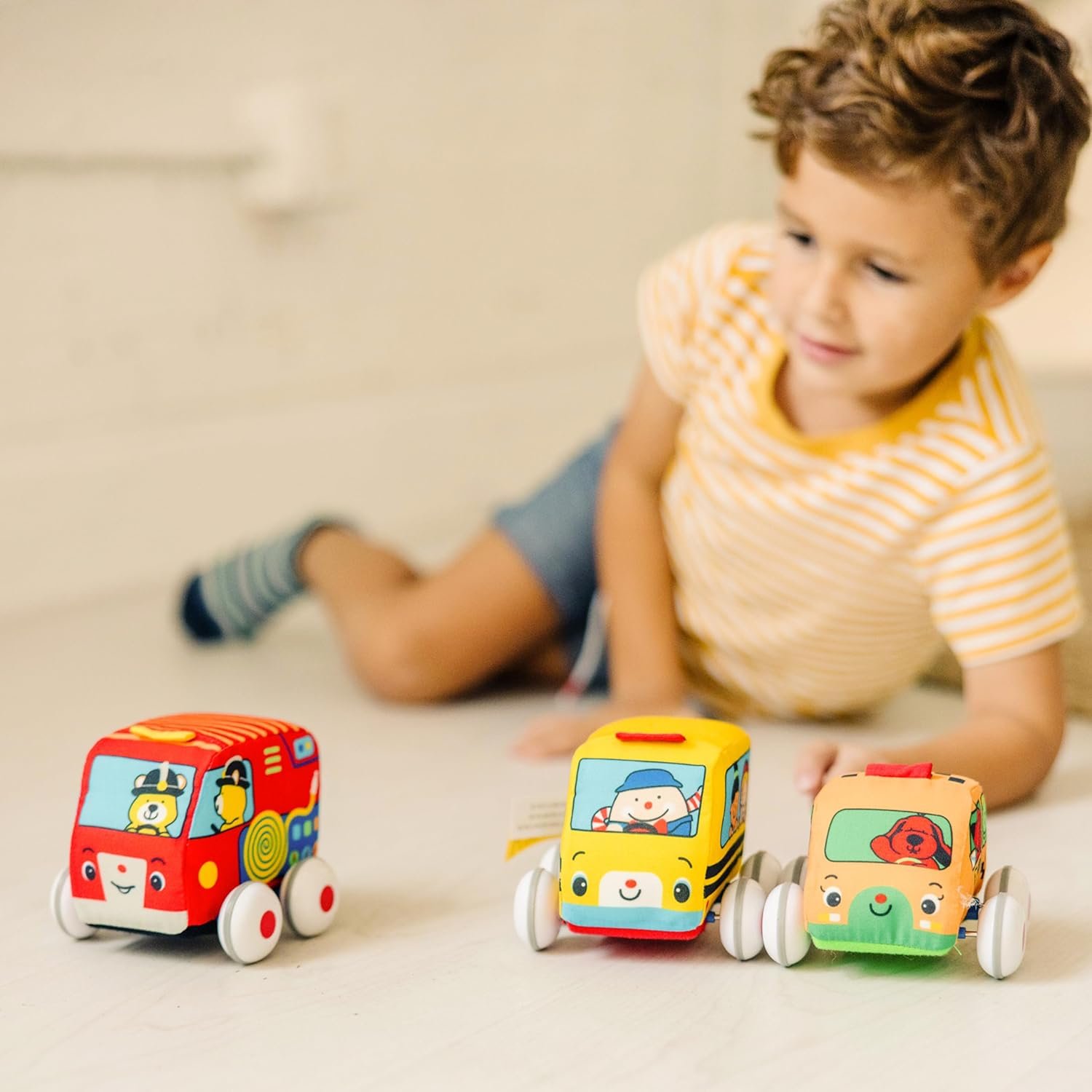 Melissa & Doug K's Kids Pull-Back Town Vehicle Set - Baby Toys Set with 4 Soft Toy Cars and Trucks, Surface Washable with Removable Wheels, Learning Toys for Babies and Toddlers - Image 4