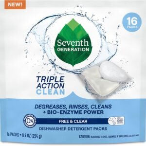 Seventh Generation Triple Action Clean Dishwasher Detergent Packs 1 pack Free & Clear For de-greasing and cleaning even the toughest food messes Fights 48-hr stuck-on food 8.9 oz