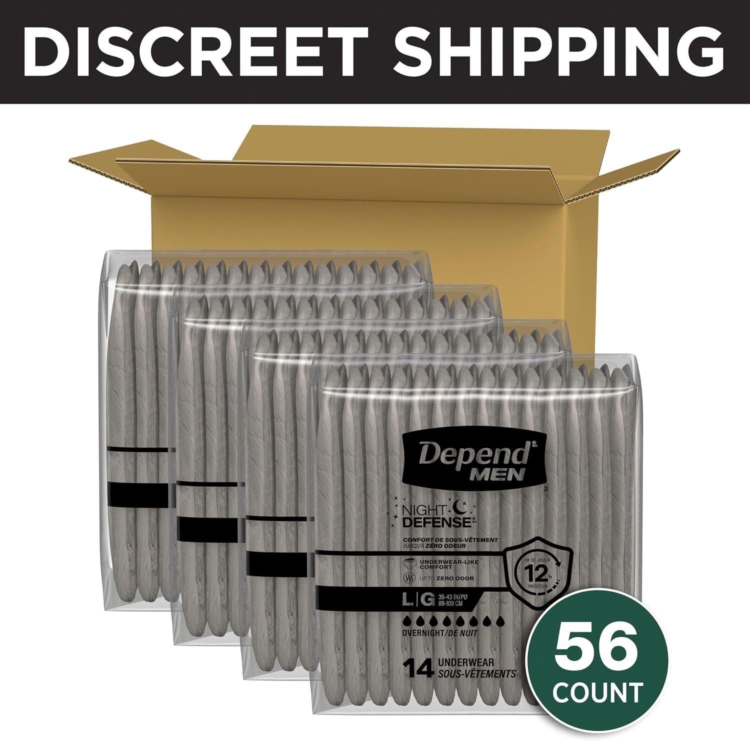 Depend Night Defense Adult Diapers, Incontinence Underwear for Men, Disposable, Overnight, Large, Grey, 56 Count (4 Packs of 14), Packaging May Vary - Image 2