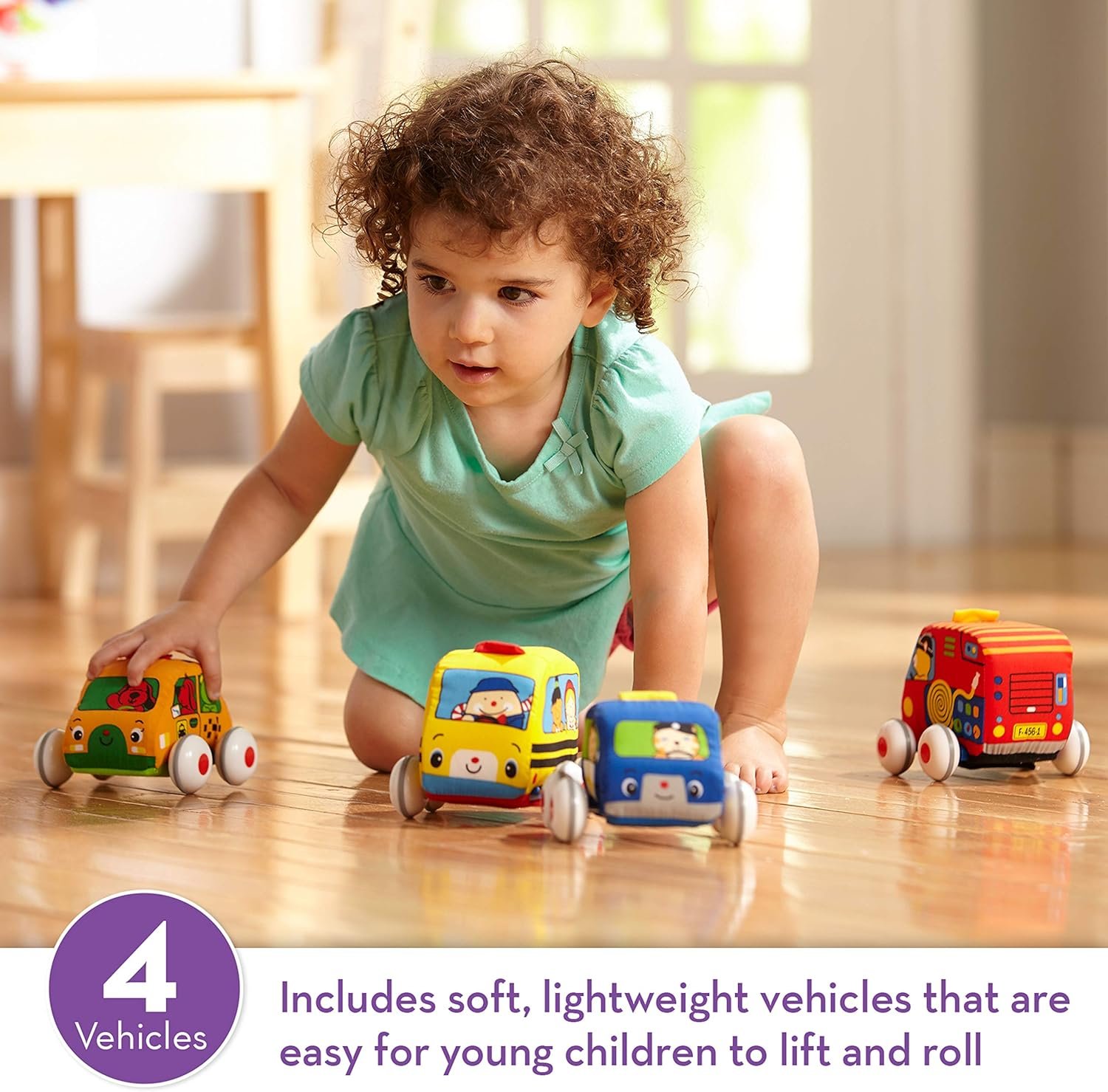 Melissa & Doug K's Kids Pull-Back Town Vehicle Set - Baby Toys Set with 4 Soft Toy Cars and Trucks, Surface Washable with Removable Wheels, Learning Toys for Babies and Toddlers - Image 2