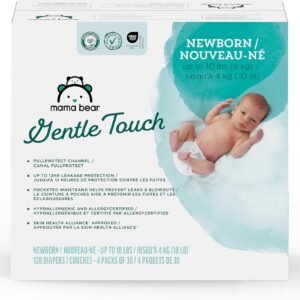 Amazon Brand – Mama Bear Gentle Touch Diapers, Hypoallergenic with Leak Protection, Size Newborn, 120 Count (4 packs of 30)