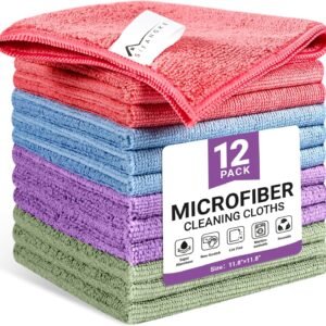 SIFANGKE Microfiber Cleaning Cloth, 12 Pack Assorted Color Cleaning Rags for Housekeeping, Colorful Reusable Microfiber Towels for Car, Kitchen, Bathroom and Household Cleaning Supplies, 11.8″X11.8″