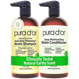 PURA D’OR Anti-Thinning Biotin Shampoo & Hair Regrowth Conditioner, CLINICALLY TESTED Effective Results, Thickening Herbal Blend For Women & Men, Original Gold Label Set, Natural Earthy Scent, 16oz x2 | Deep Moisturizing