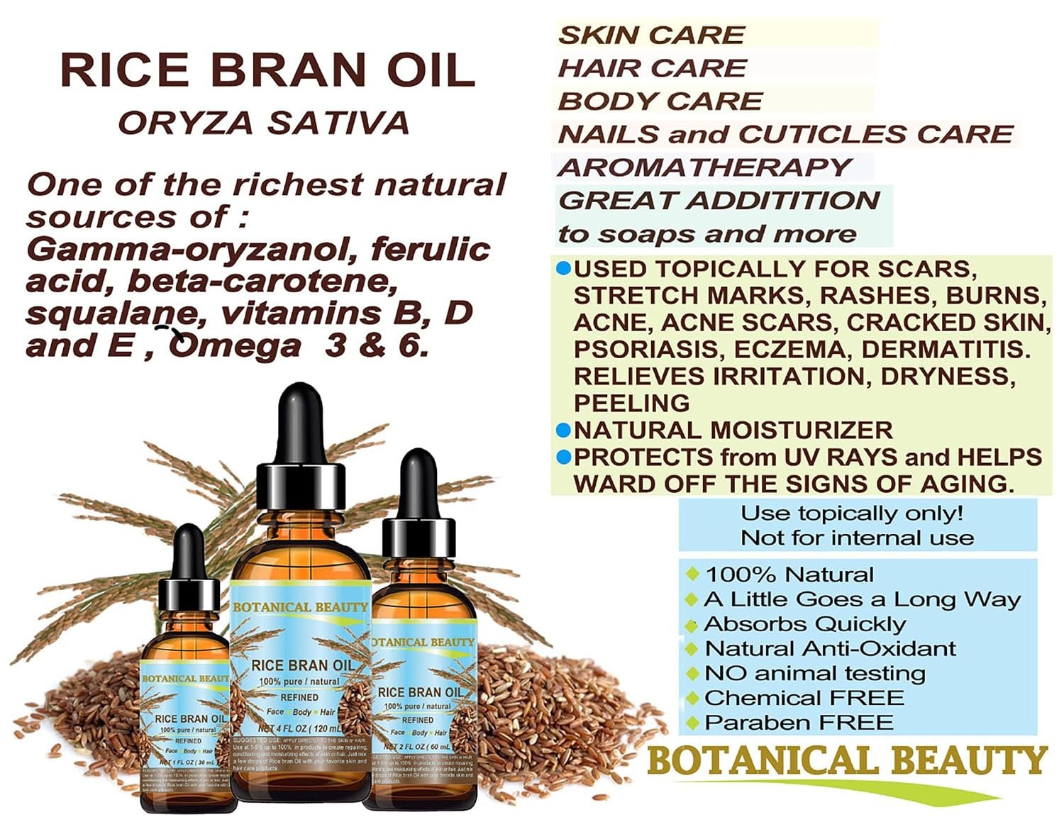 Botanical Beauty RICE BRAN OIL 100% Pure Natural Refined Undiluted Cold Pressed Carrier Oil for Face, Skin, Body, Hair, Massage, Nails. (4 Fl Oz) - Image 6