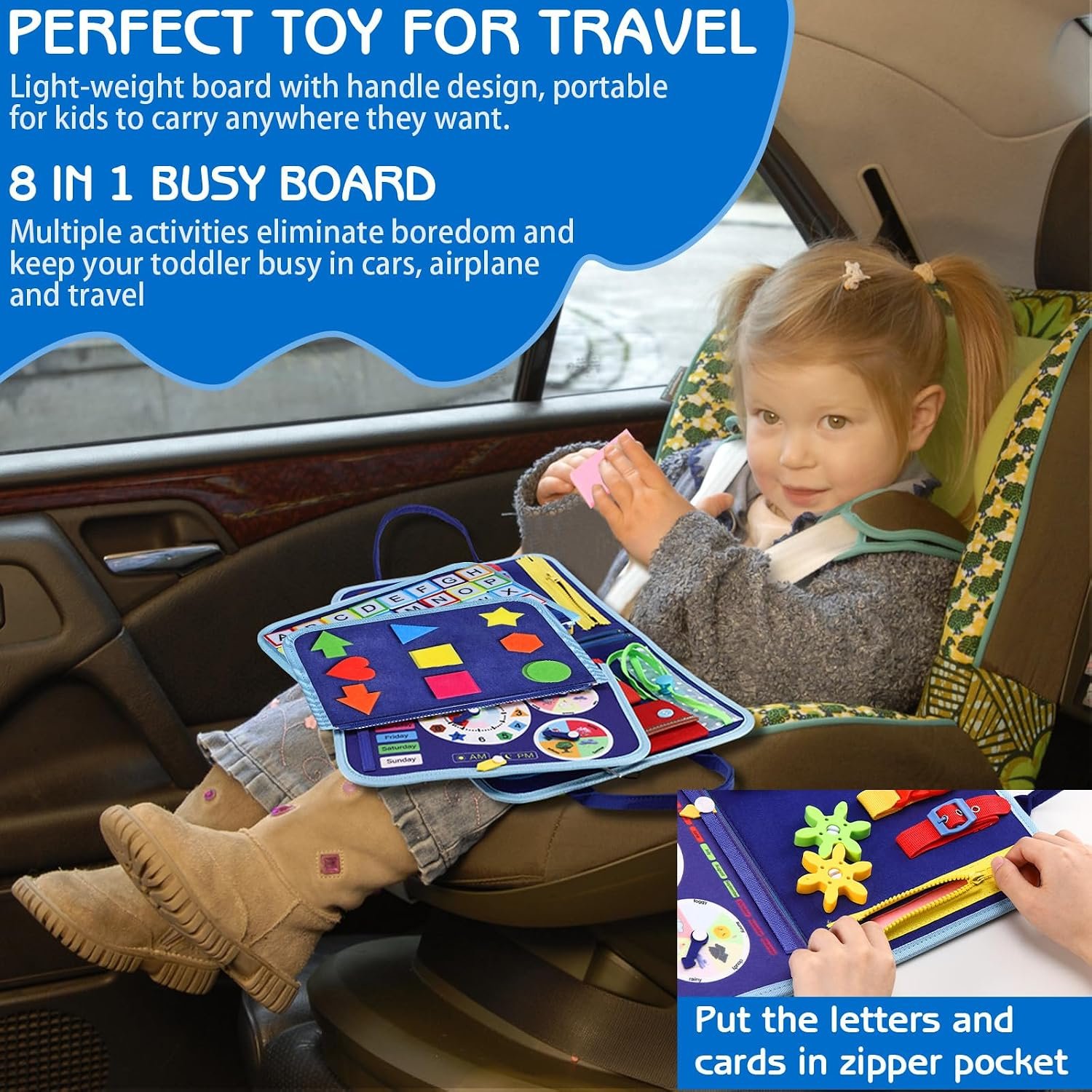 Esjay Toddler Busy Board Montessori Toys for Boys, Sensory Book Educational Activities for Learning Fine Motor Skills, Birthday Gifts for Boys Toddlers, Travel Toys for Airplane Car, Blue Dinosaur - Image 4