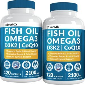 5-in-1 Fish Oil Omega 3 Supplements (2100mg) – Fish Oil with Vitamins D3 & K2 and CoQ10 – EPA DHA Omega 3 Supplement – Lemon Flavored Fatty Acid Supplements, Pack of 2