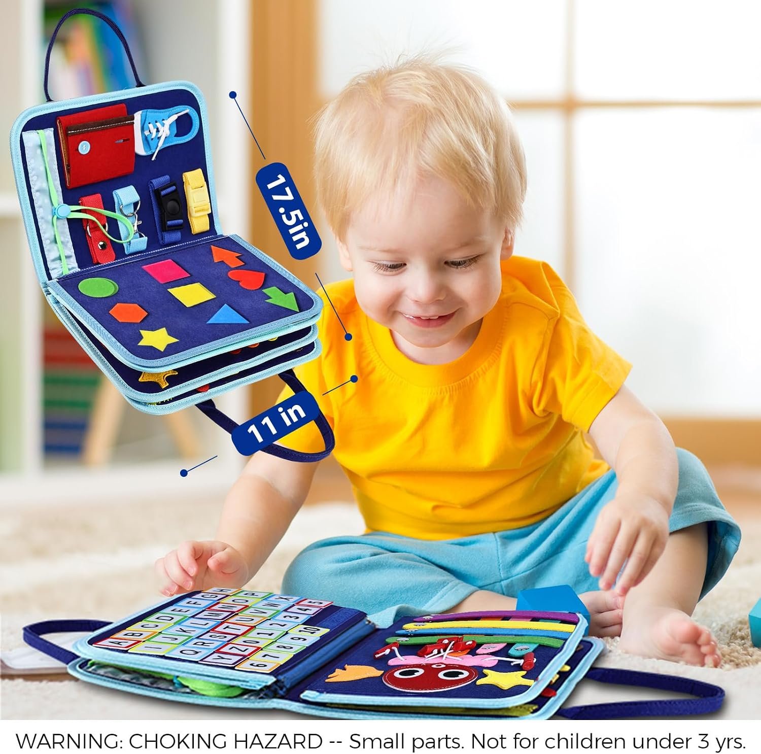 Esjay Toddler Busy Board Montessori Toys for Boys, Sensory Book Educational Activities for Learning Fine Motor Skills, Birthday Gifts for Boys Toddlers, Travel Toys for Airplane Car, Blue Dinosaur - Image 5