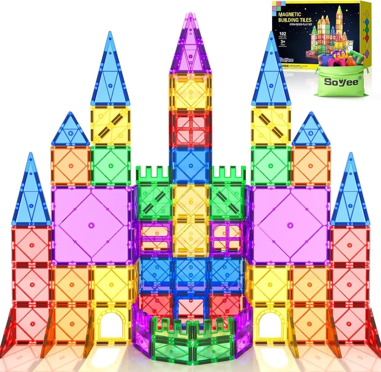 Soyee 102PCS Magnetic Tiles Building Blocks Stem Toys for 3+ Year Old Boys Girls Montessori Toys Toddler Kids Gifts Parents Approved Sensory Toys