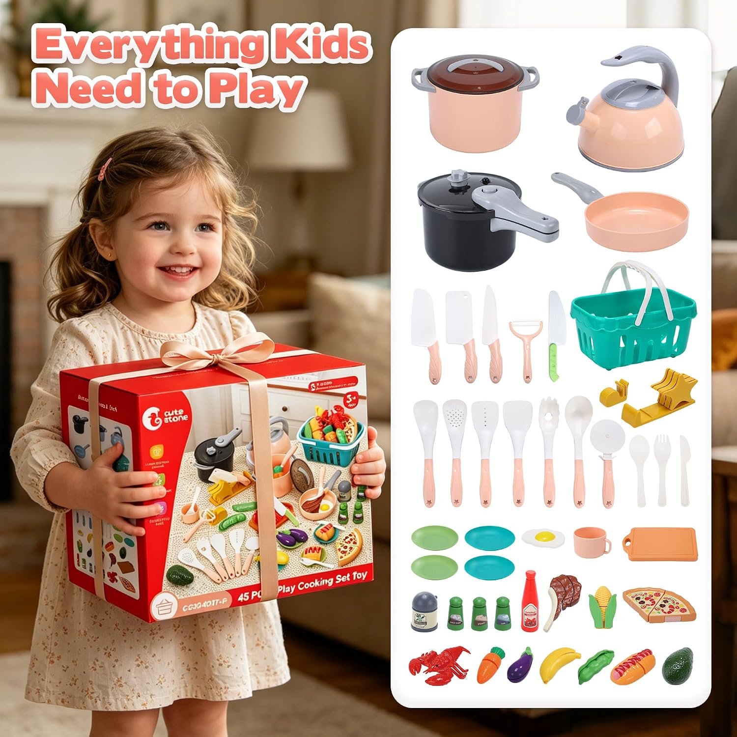 CUTE STONE Kids Kitchen Playset, 45PCS Pretend Cooking Toy Set with Play Pots & Pans, Pressure Cooker, Play Food, Cooking Utensils & Shopping Basket, Toy Kitchen Accessories Gift for Boys Girls - Image 8