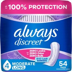 Always Discreet Adult Incontinence Pads for Women, Drier, 4 Drop Long Length, Moderate Absorbency, Pads for Bladder Control Management, Bladder Leaks, & Postpartum Pads, 54ct