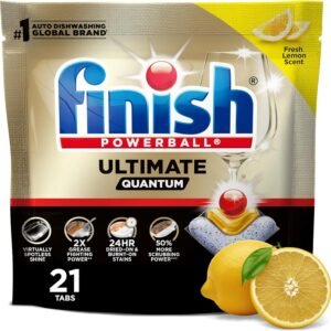 Finish Ultimate Quantum Dishwasher Pods, New & Improved Formula, Dishwasher Detergent Dish Soap, Removes Burnt-On & Dried-On Stain, Degreasing & Scrubbing Power, Lemon Scent, 21 Count