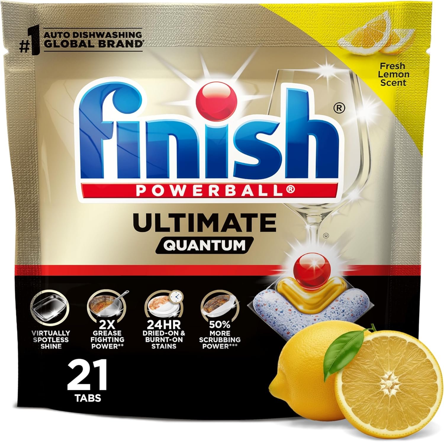 Finish Ultimate Quantum Dishwasher Pods, New & Improved Formula, Dishwasher Detergent Dish Soap, Removes Burnt-On & Dried-On Stain, Degreasing & Scrubbing Power, Lemon Scent, 21 Count