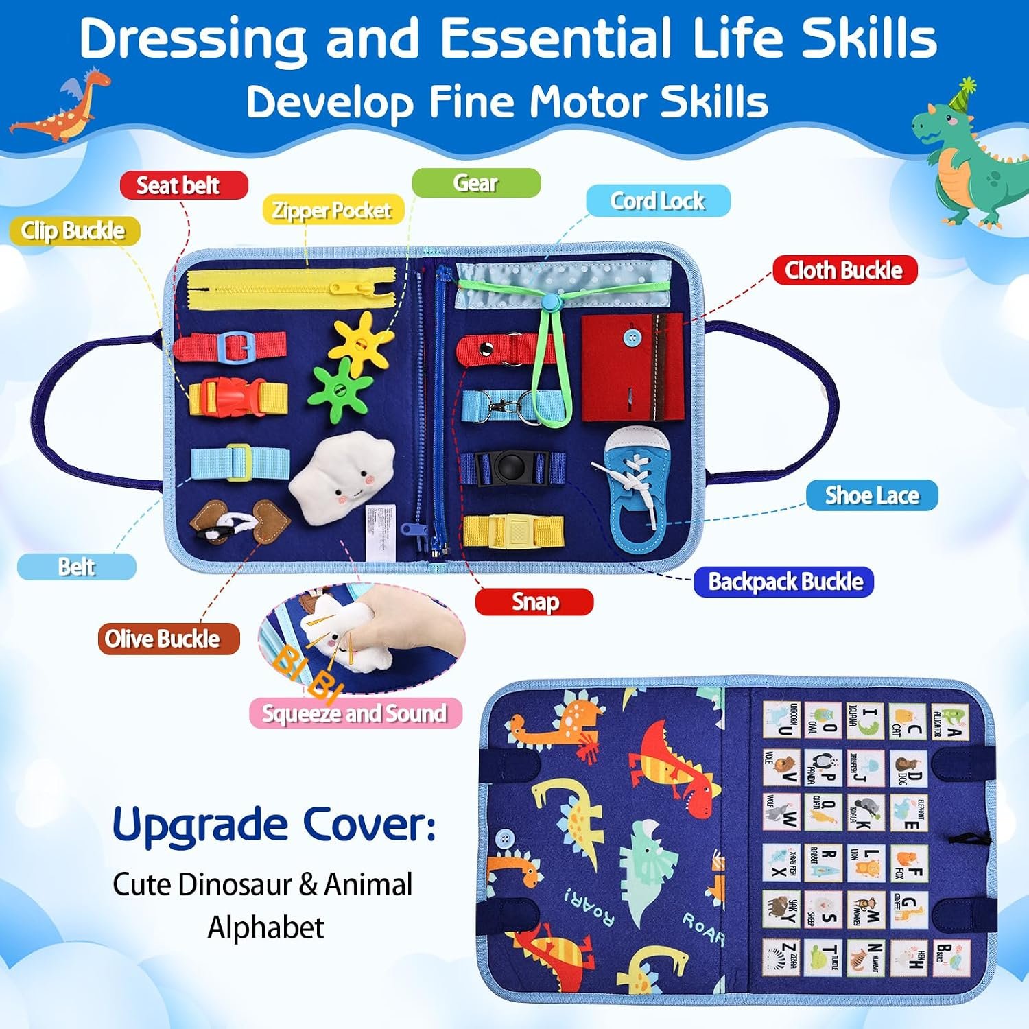 Esjay Toddler Busy Board Montessori Toys for Boys, Sensory Book Educational Activities for Learning Fine Motor Skills, Birthday Gifts for Boys Toddlers, Travel Toys for Airplane Car, Blue Dinosaur - Image 2