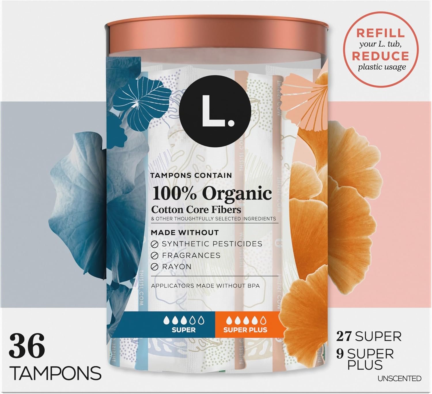 L. Tampons, Made with Organic Cotton, Super/Super Plus Absorbency, Multipack, Made Without Synthetic Pesticides, Rayon or Fragrances, Applicator Made Without BPA, Leak-Stopping Design, 36 Count - Image 14