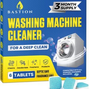 Bastion Washing Machine Cleaner, Deodorizer, & Descaler 6-Pack – Active Deep Cleaning Tablets For HE Front Loader & Top Load Washer, Septic Safe Eco-Friendly – 3 Month Supply