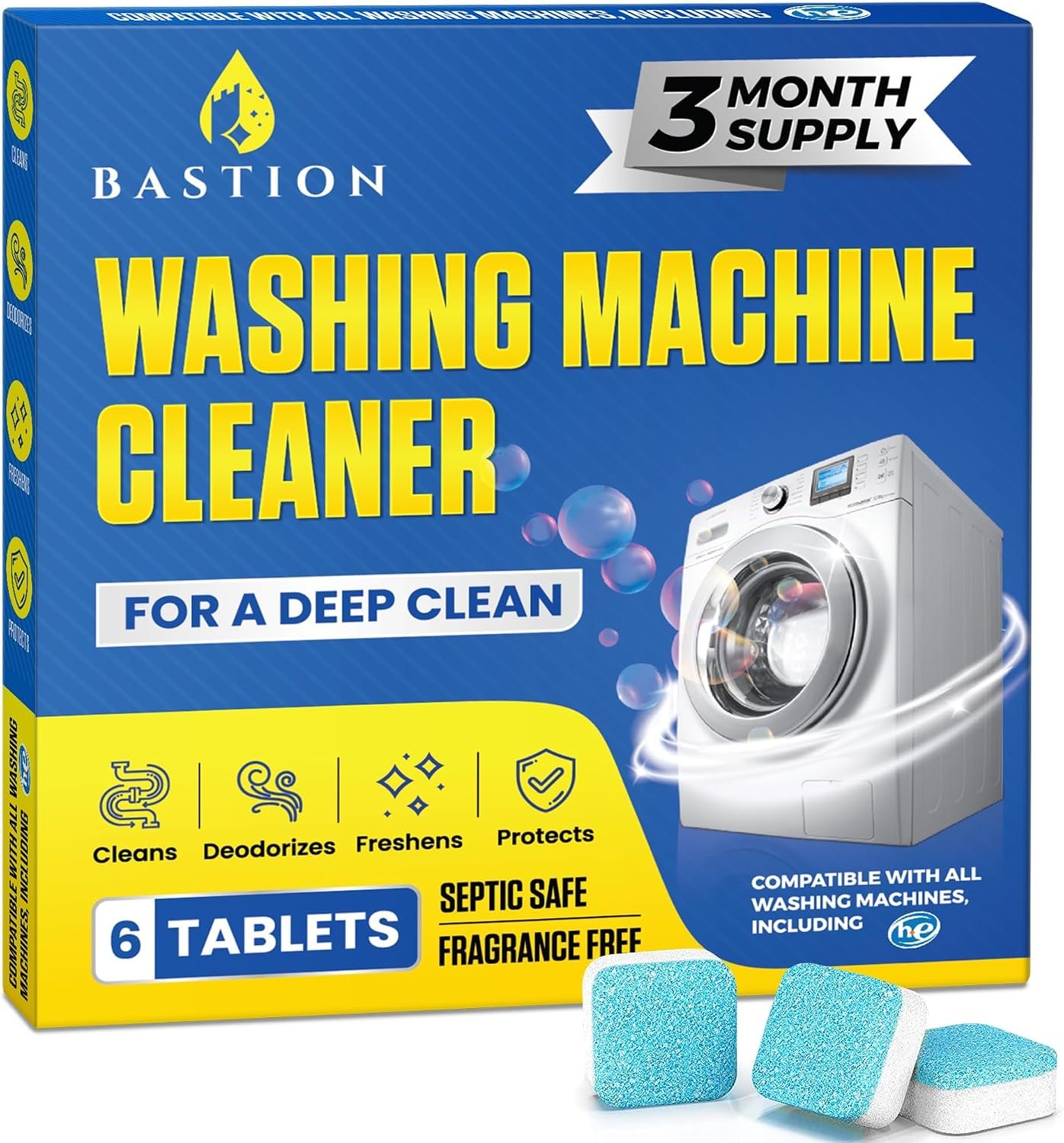 Bastion Washing Machine Cleaner, Deodorizer, & Descaler 6-Pack - Active Deep Cleaning Tablets For HE Front Loader & Top Load Washer, Septic Safe Eco-Friendly - 3 Month Supply