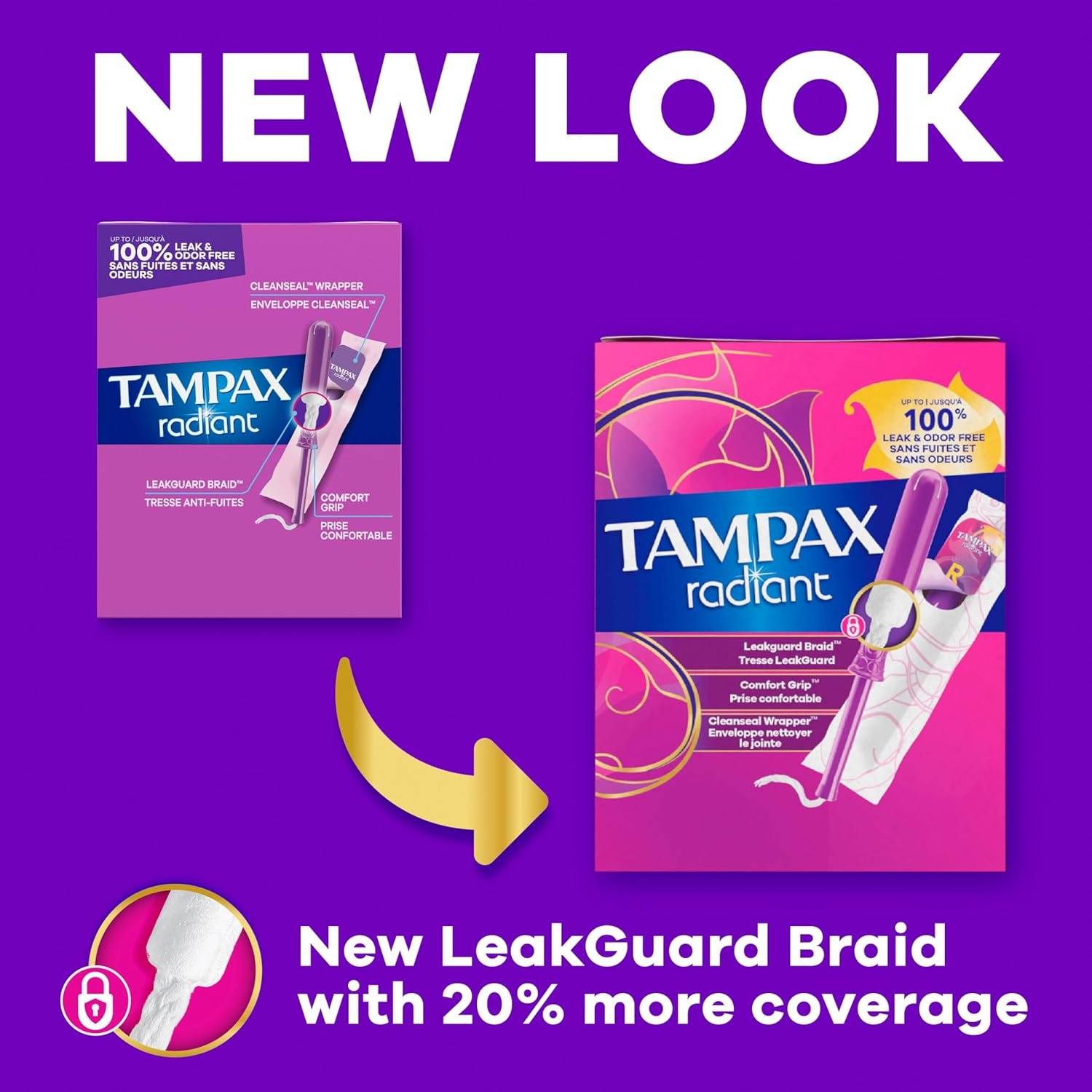 Tampax Radiant Tampons for Women Multipack, with LeakGuard Braid, Regular/Super Absorbency, Unscented, 84 Count (3 Packs of 28), Packaging May Vary - Image 2