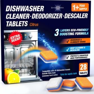 Dishwasher Cleaner Deodorizer Descaler Tablets – 28 Tabs – 1 Plus Year Supply – Extra Scented Deep Cleaning Sanitizer Pods – Remove Hard Water – Contain Citric Acid Heavy Duty Septic Safe – Citrus