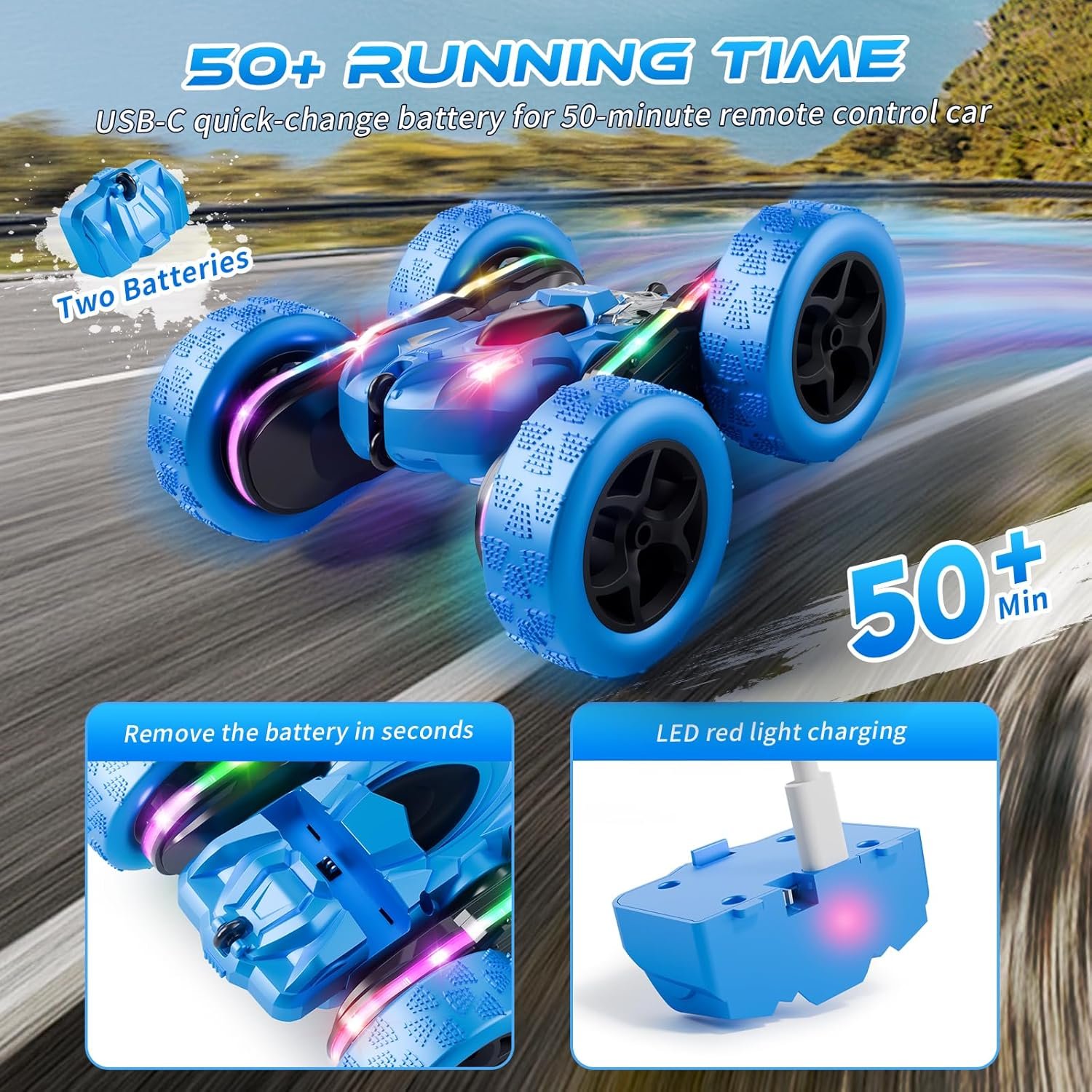 Remote Control Stunt Car 4WD 360° Flip Double‑Sided RC Cars, LED Light Bar, USB‑C Modular Battery, 2.4 GHz Outdoor Beach Toy for Boys 6‑12 Years Old, Birthday & Christmas Kids Gift, Blue - Image 2
