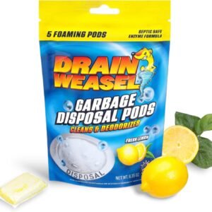 Drain Weasel Garbage Disposal Pods Cleaner and Deodorizer, Sink Odor Eliminator with Foaming Action, Septic-Safe Enzyme Formula, Fresh Lemon Scent, Pack of 5