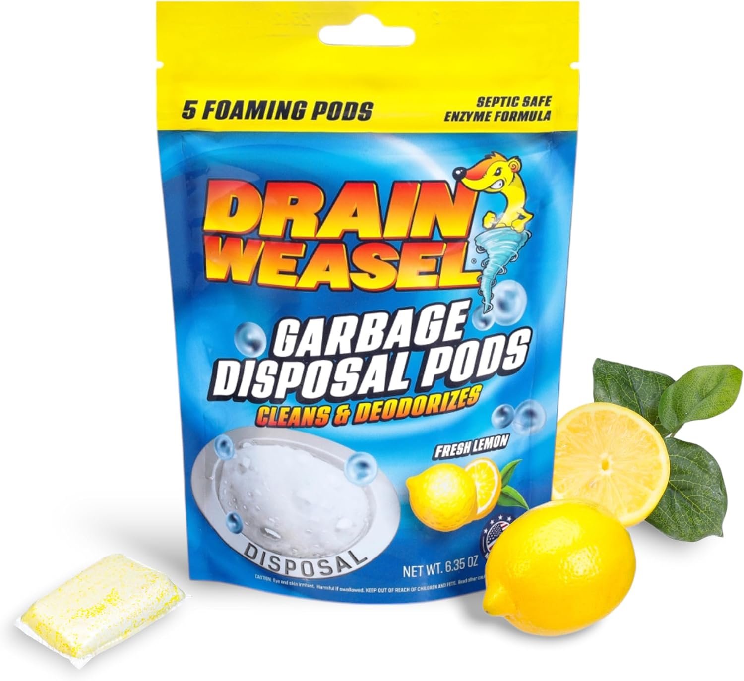 Drain Weasel Garbage Disposal Pods Cleaner and Deodorizer, Sink Odor Eliminator with Foaming Action, Septic-Safe Enzyme Formula, Fresh Lemon Scent, Pack of 5