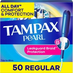 Tampax Pearl Tampons for Women, with LeakGuard Braid, Regular Absorbency, Unscented, 50 Count