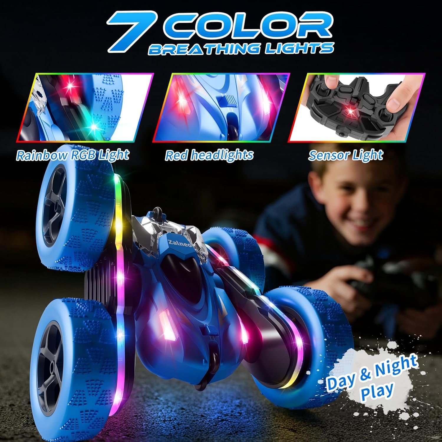 Remote Control Stunt Car 4WD 360° Flip Double‑Sided RC Cars, LED Light Bar, USB‑C Modular Battery, 2.4 GHz Outdoor Beach Toy for Boys 6‑12 Years Old, Birthday & Christmas Kids Gift, Blue - Image 3