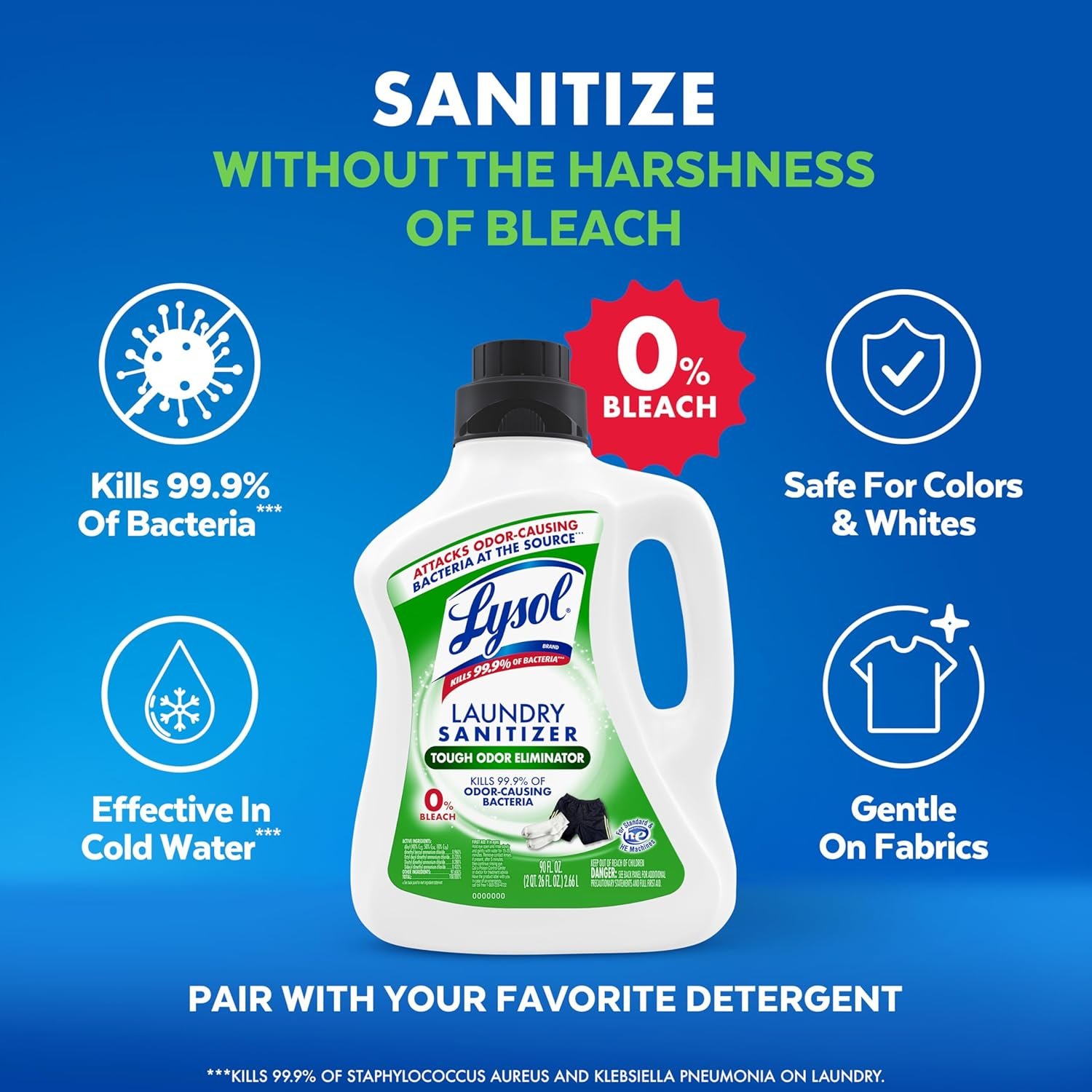 Lysol Tough Odor Eliminator Laundry Sanitizer Additive, Sanitizing Liquid for Gym Clothes and Activewear, 0% Bleach, Eliminates Odor Causing Bacteria, 90oz - Image 5