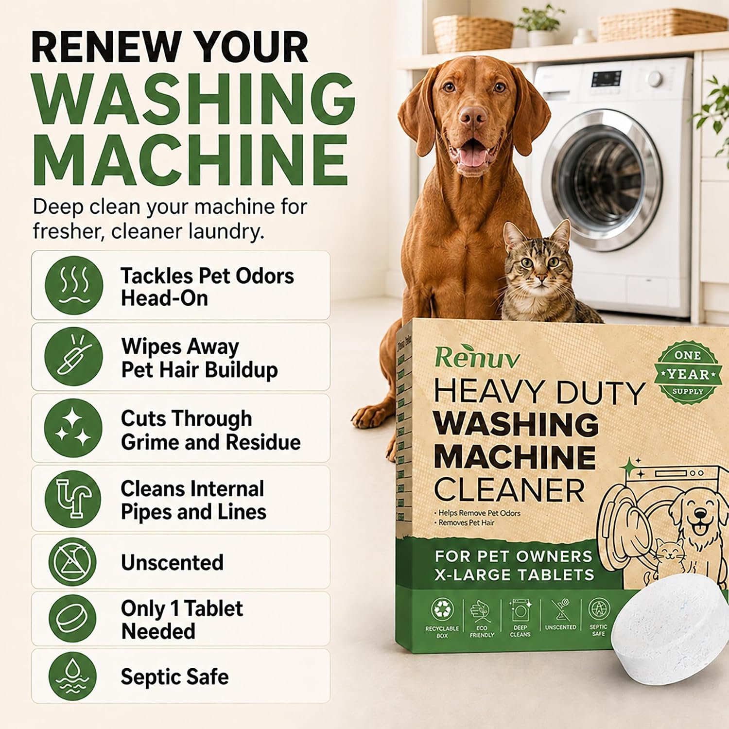 Renuv® Heavy Duty Washing Machine Cleaner For Pet Owners, 12 XL Tablets | For Dog & Cat Hair, Removes Stink, Odor, Residue, Grime, Front Load or Top Load Washer, HE and Septic Safe, 1 Year Supply - Image 2