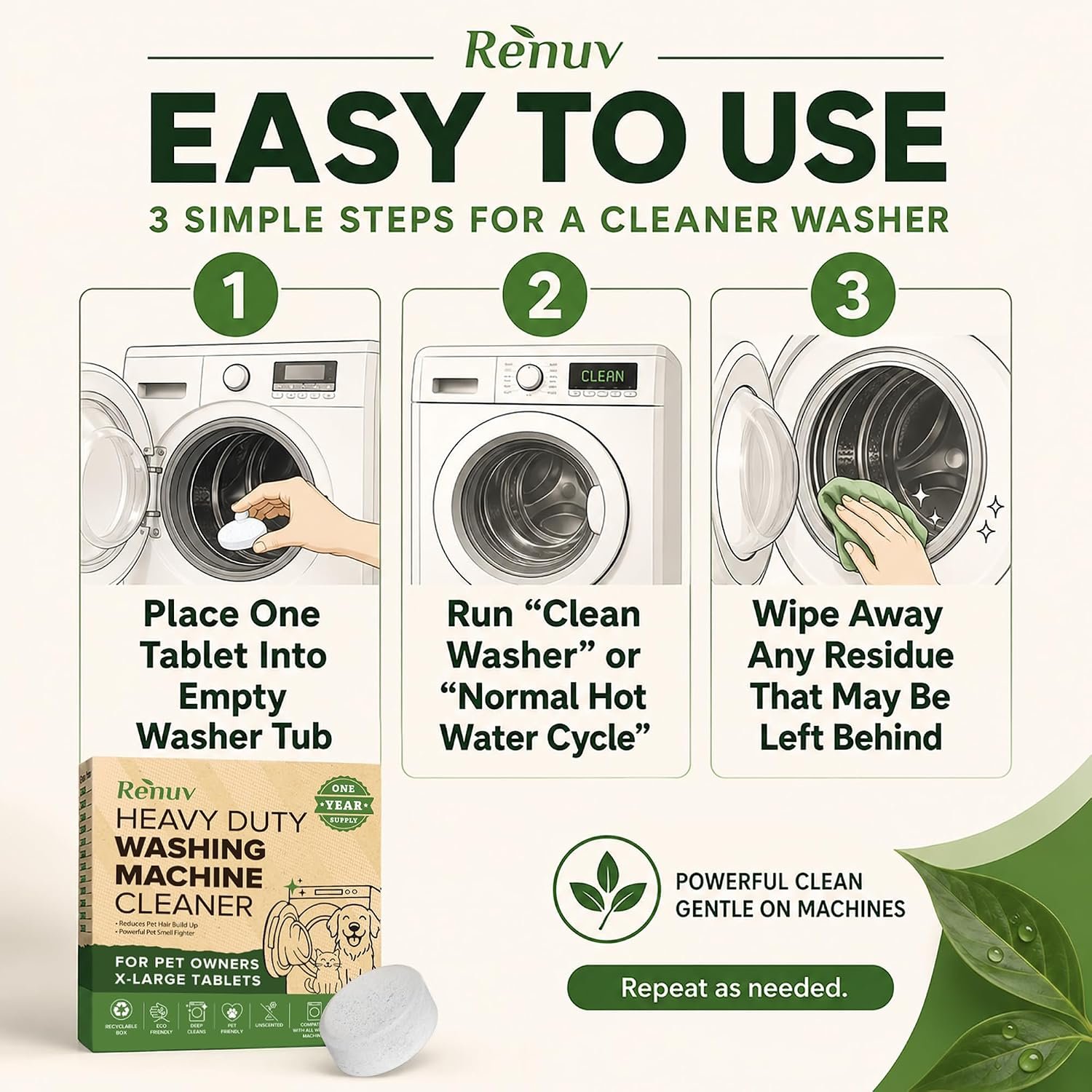 Renuv® Heavy Duty Washing Machine Cleaner For Pet Owners, 12 XL Tablets | For Dog & Cat Hair, Removes Stink, Odor, Residue, Grime, Front Load or Top Load Washer, HE and Septic Safe, 1 Year Supply - Image 8