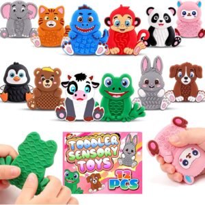 12 Pack Animal Sensory Toys for Kids Toddlers, Textured Silicone Fidget Toys, Quiet Travel Toys for Airplane, Car Rides, Preschool & Home Sensory Play, Classroom Calm Corner Toys
