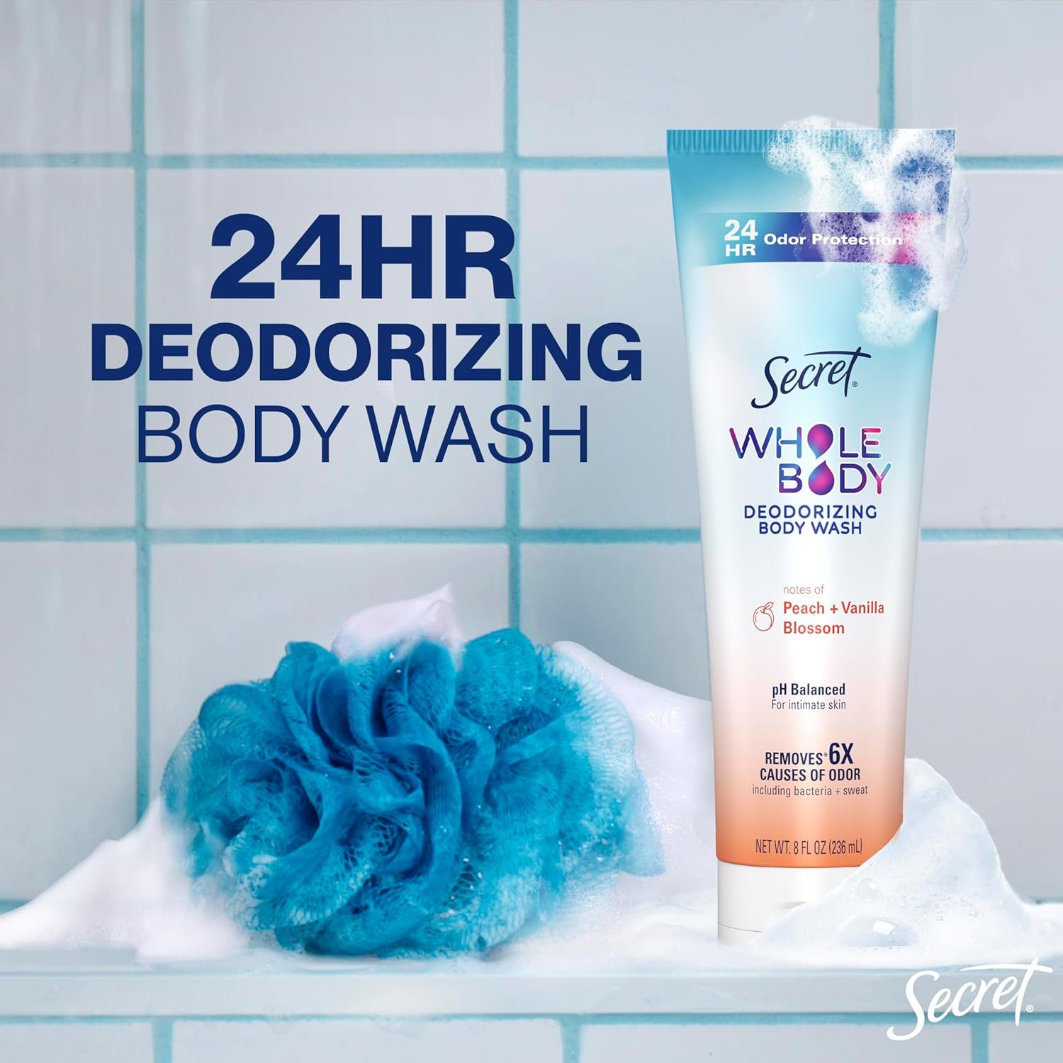 Secret Feminine Wash, 24 HR Deodorizing Feminine Body Wash for Women, Removes 6x Causes of Odor, PH Balanced, Safe to Use Everywhere, Peach & Vanilla Blossom Scent, 8.0 oz - Image 4