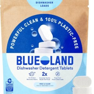 BLUELAND 100% Plastic-Free Dishwasher Detergent Tablets, 60 Count, Free & Clear, Eco-Friendly Dishwashing Pods, Cuts Grease & Stuck on Food, Rinses Clean for Streak-Free Shine
