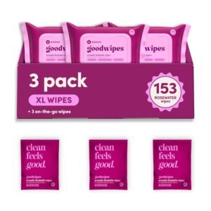 goodwipes Flushable Wipes – Rosewater Wet Wipes for Adults, Sewer & Septic Safe, Guest Bathroom Essentials for Women & Men, pH Balanced & Extra Large, 153 Count (3 Packs and 3 Singles)