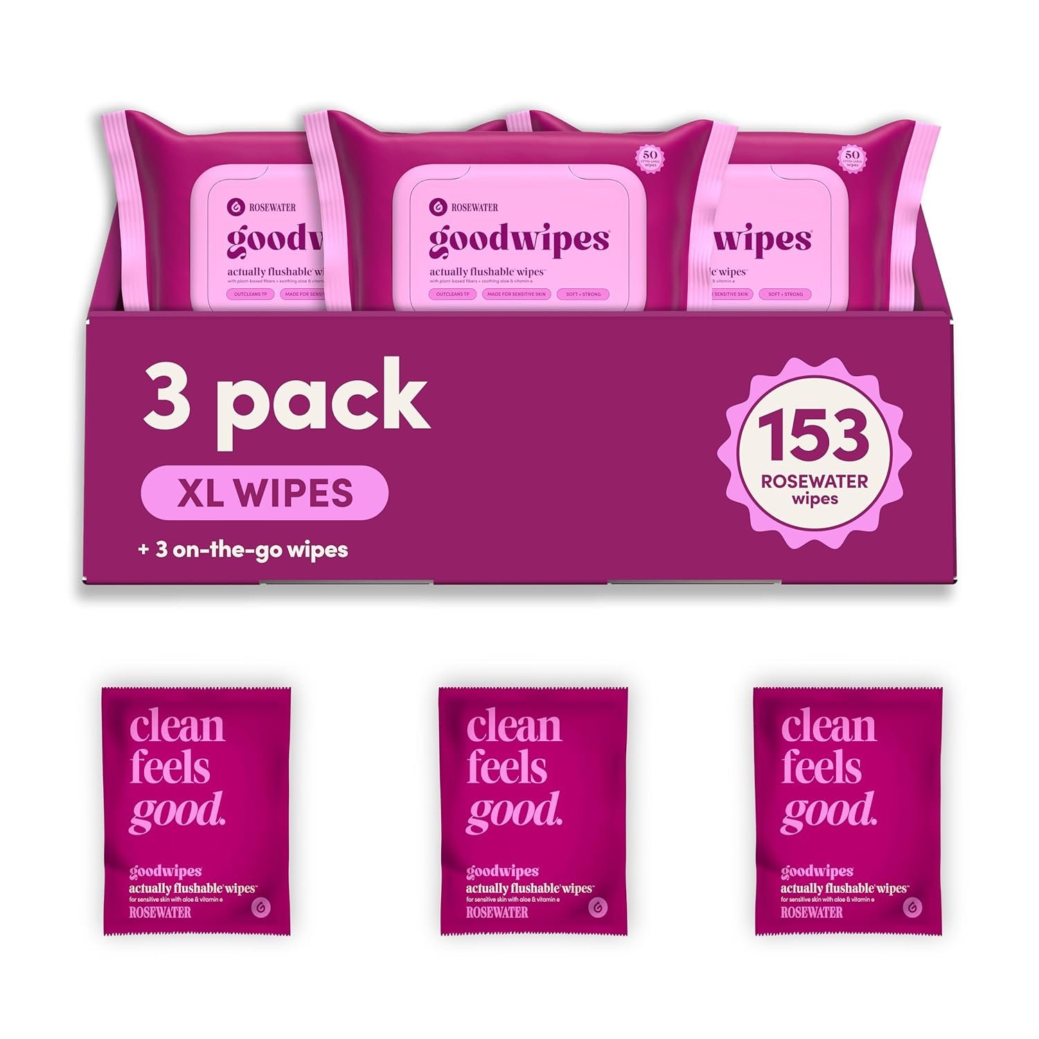 goodwipes Flushable Wipes - Rosewater Wet Wipes for Adults, Sewer & Septic Safe, Guest Bathroom Essentials for Women & Men, pH Balanced & Extra Large, 153 Count (3 Packs and 3 Singles)