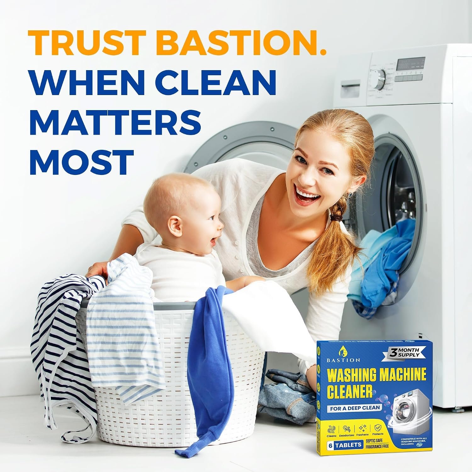 Bastion Washing Machine Cleaner, Deodorizer, & Descaler 6-Pack - Active Deep Cleaning Tablets For HE Front Loader & Top Load Washer, Septic Safe Eco-Friendly - 3 Month Supply - Image 7