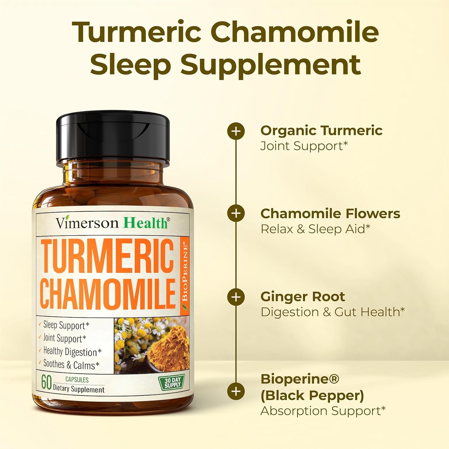 Turmeric Supplement & Chamomile Capsules for Sleep - Organic Turmeric Sleep Supplement with Chamomile Flowers Extract (Manzanilla) - Relaxation & Stress Support - Joint & Digestive Health. 60 Capsules - Image 5