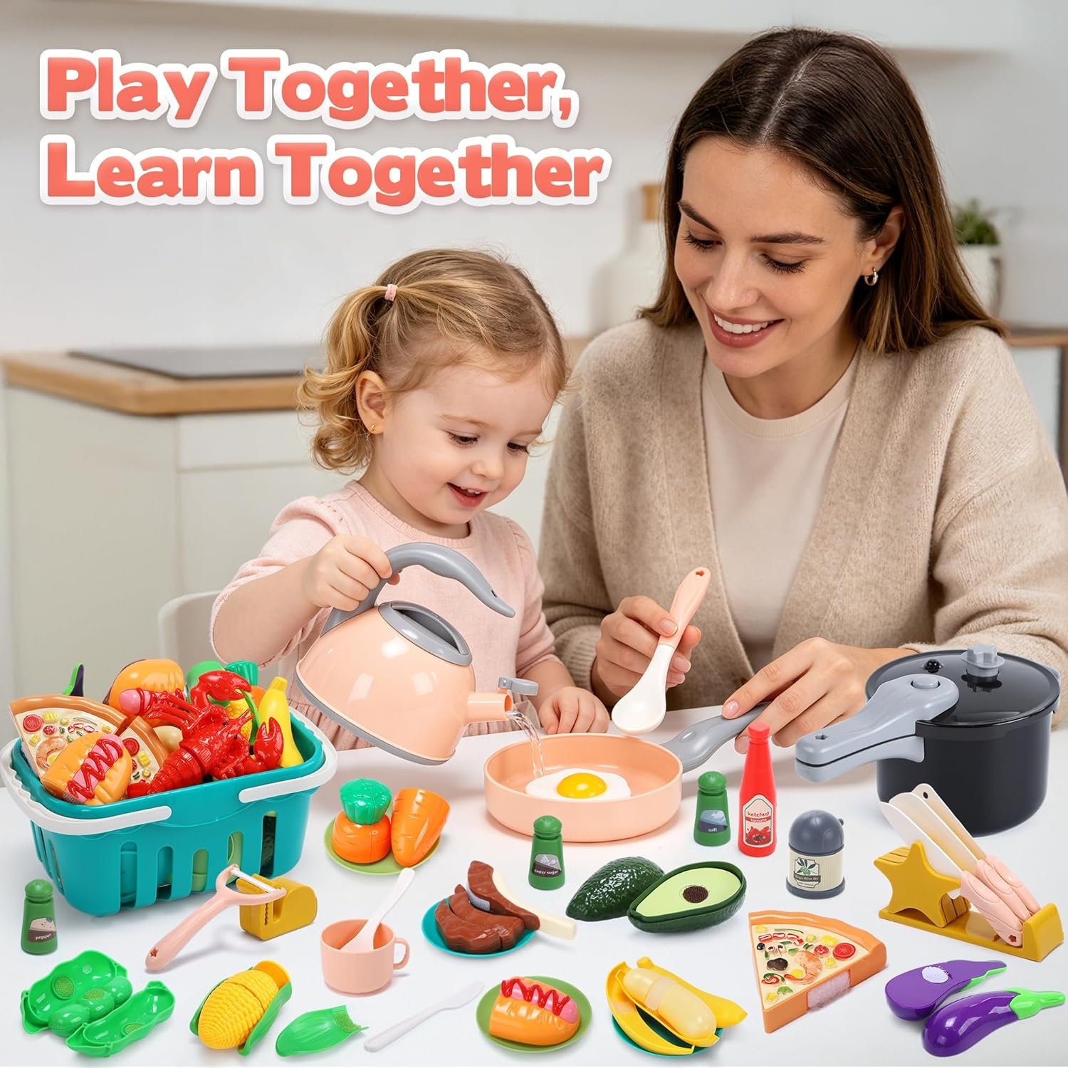 CUTE STONE Kids Kitchen Playset, 45PCS Pretend Cooking Toy Set with Play Pots & Pans, Pressure Cooker, Play Food, Cooking Utensils & Shopping Basket, Toy Kitchen Accessories Gift for Boys Girls - Image 7