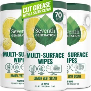 Seventh Generation Multi Surface Wipes, Pack of 3, for all purpose cleaning, lemon zest scent with 100% essential oils and botanical ingredients, 70 ct each