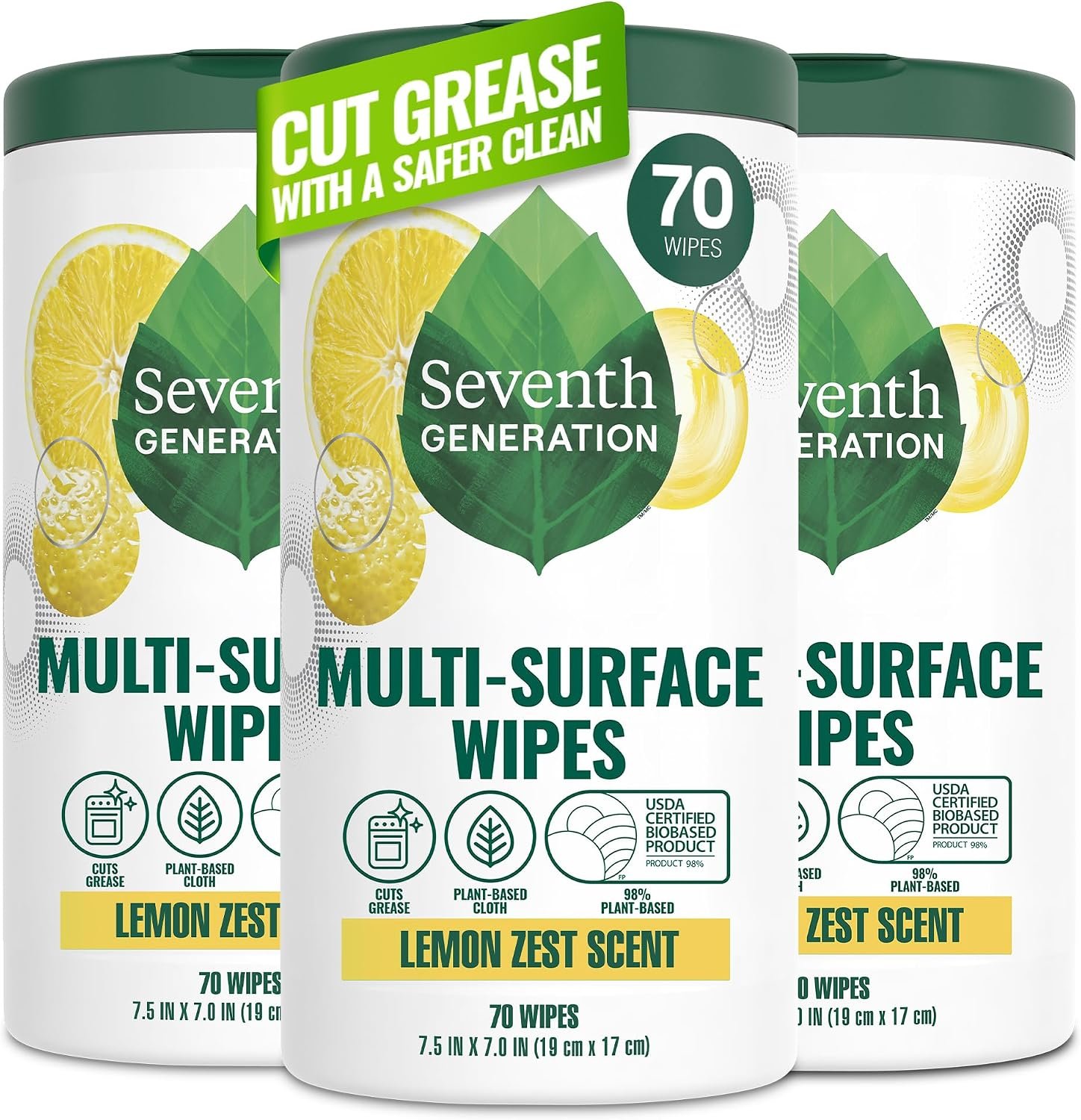 Seventh Generation Multi Surface Wipes, Pack of 3, for all purpose cleaning, lemon zest scent with 100% essential oils and botanical ingredients, 70 ct each