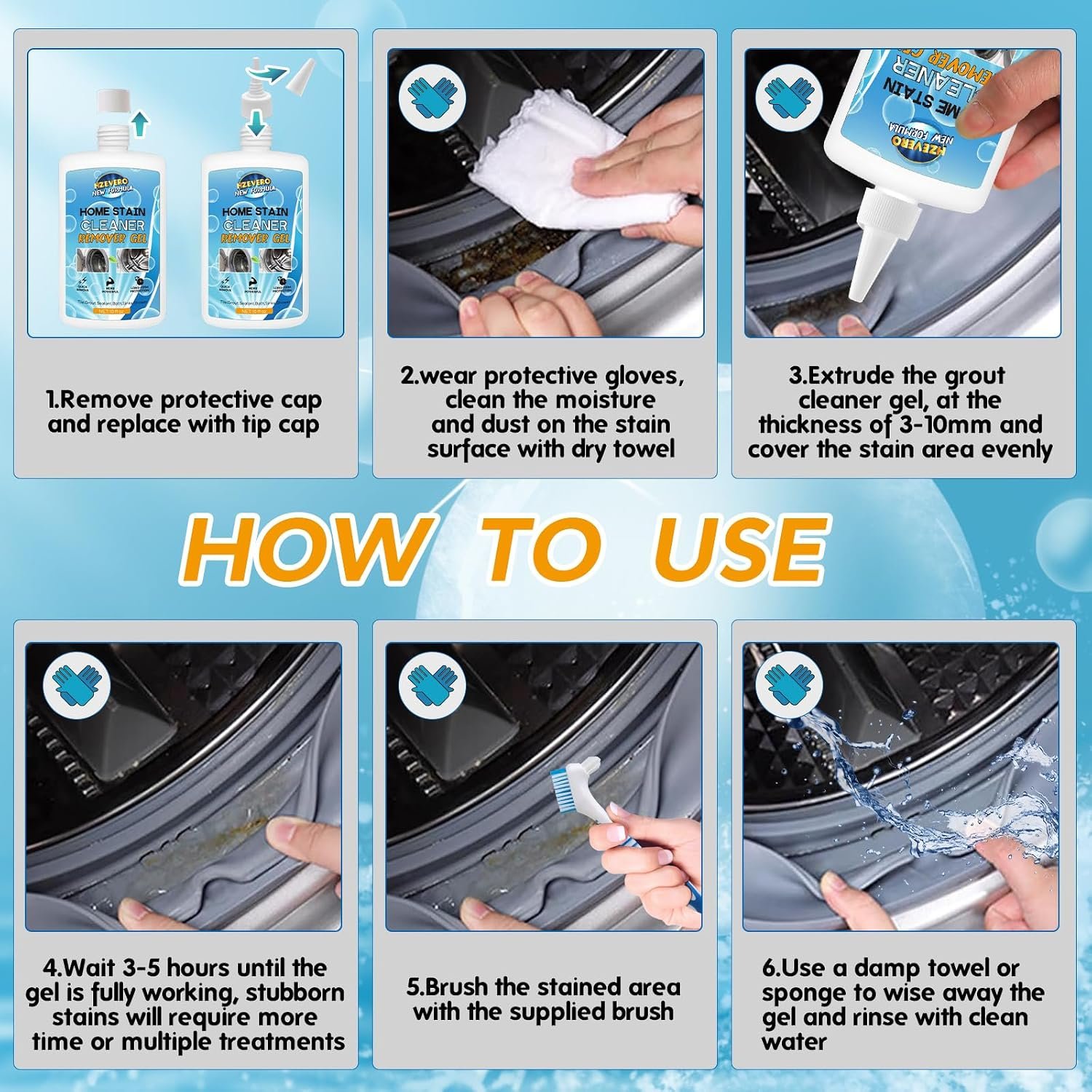 Mold Stain Remover Gel, Washing Machine Gasket Cleaner for Front Loader Washer Rubber Seal Home Stain Removal Gel for Grout, Caulk, Refrigerator, Shower, Bathtub, Bathroom Cleaning Solution (10 Fl Oz) - Image 6