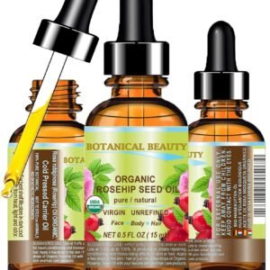 Botanical Beauty Organic ROSEHIP SEED OIL 100% Pure Natural Virgin Unrefined Cold-pressed Carrier Oil For Face, Skin, Body, Hair, Lip, Nails, Rich in vitamin C, Vitamin E, Anti-Aging (0.5 Fl Oz)