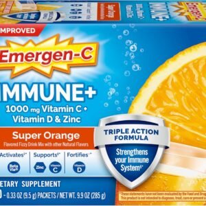 Emergen-C Immune+ Triple Action Immune Support Powder, BetaVia (R), 1000mg Vitamin C, B Vitamins, Vitamin D and Antioxidants, Super Orange, Back to School Essentials – 30 Count