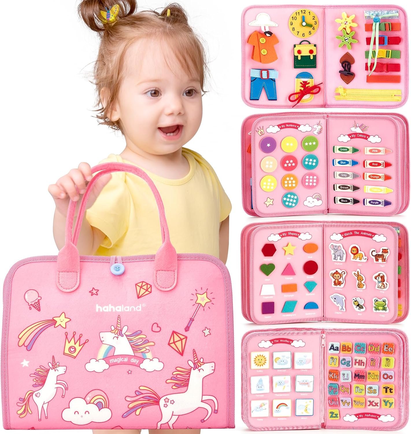 hahaland Toddler Busy Board Montessori Toys for 3 Year Old Girl Gifts, Educational Learning Toys with Life Skills, Alphabet, Number, Shape, Color, Car Ride Airplane Travel Toy Toddlers Girls Busy Book